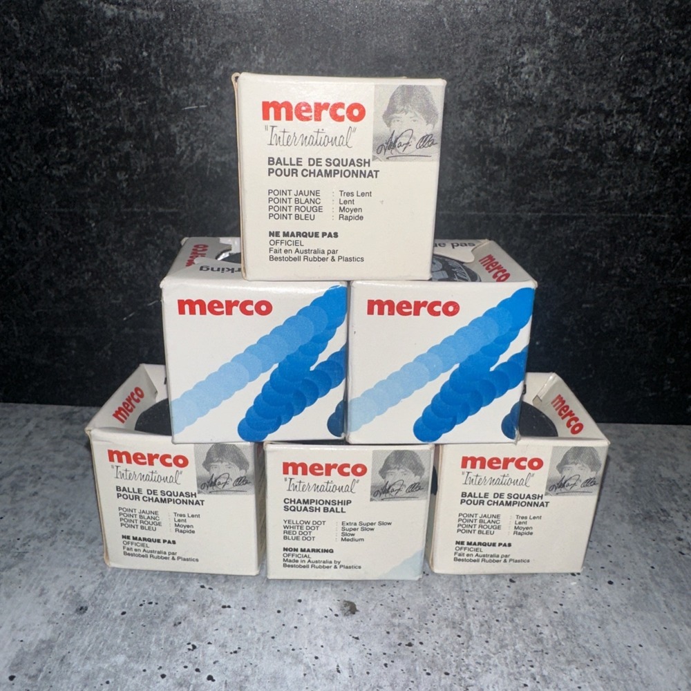 6x Boxed Vintage NOS Jahangir Khan Merco Championship Squash Balls Yellow Dot